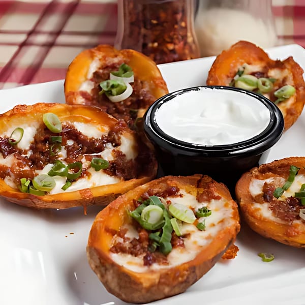 Potato skins filled with cheese, meat, and green onions, served with a side of sour cream.
