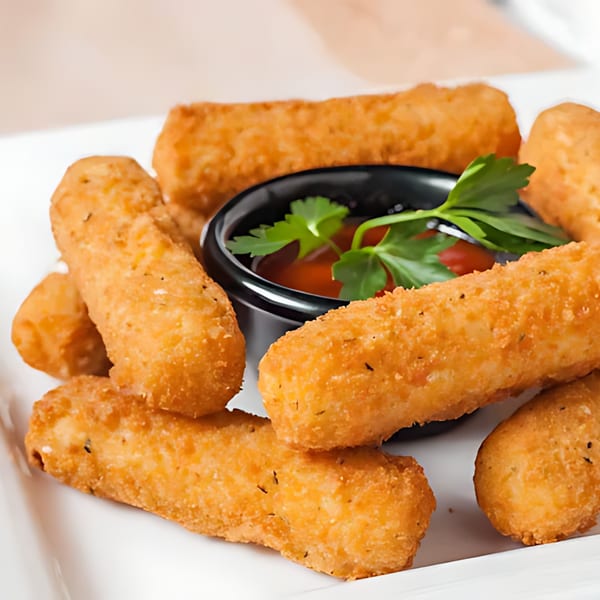 Crispy golden mozzarella sticks with a side of marinara sauce and fresh parsley on a white plate.