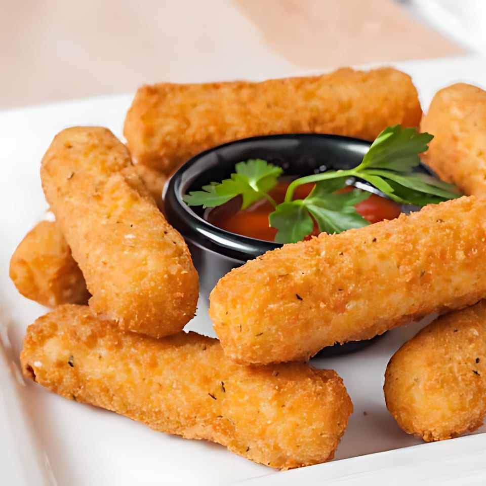 Crispy golden mozzarella sticks with a side of marinara sauce and fresh parsley on a white plate.